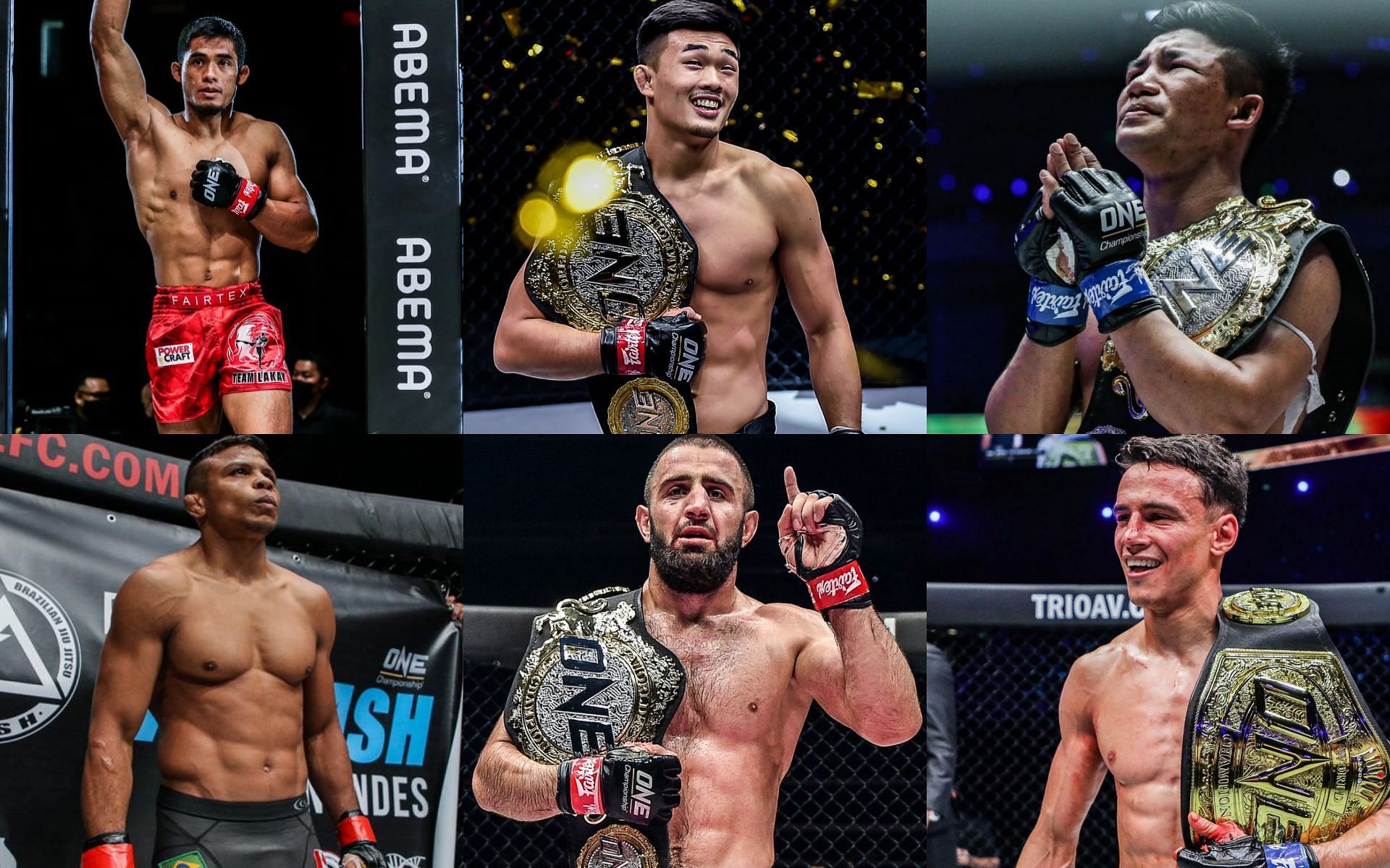 From left to right (top) Stephen Loman, Christian Lee, and Rodtang Jitmuangnon. From left to right (bottom): Bibiano Fernandes, Kiamrian Abbasov, and Joseph Lasiri. | Photo by ONE Championship