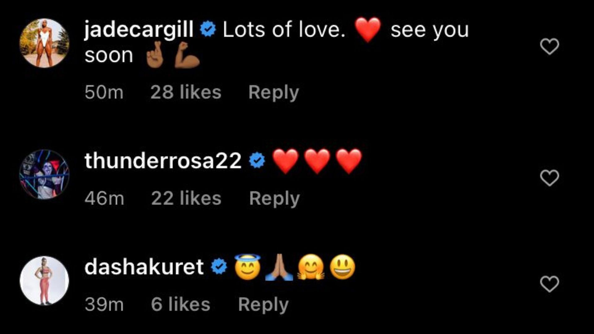 Jade Cargill, Thunder Rosa, and Dasha Gonzalez sending their love via Instagram