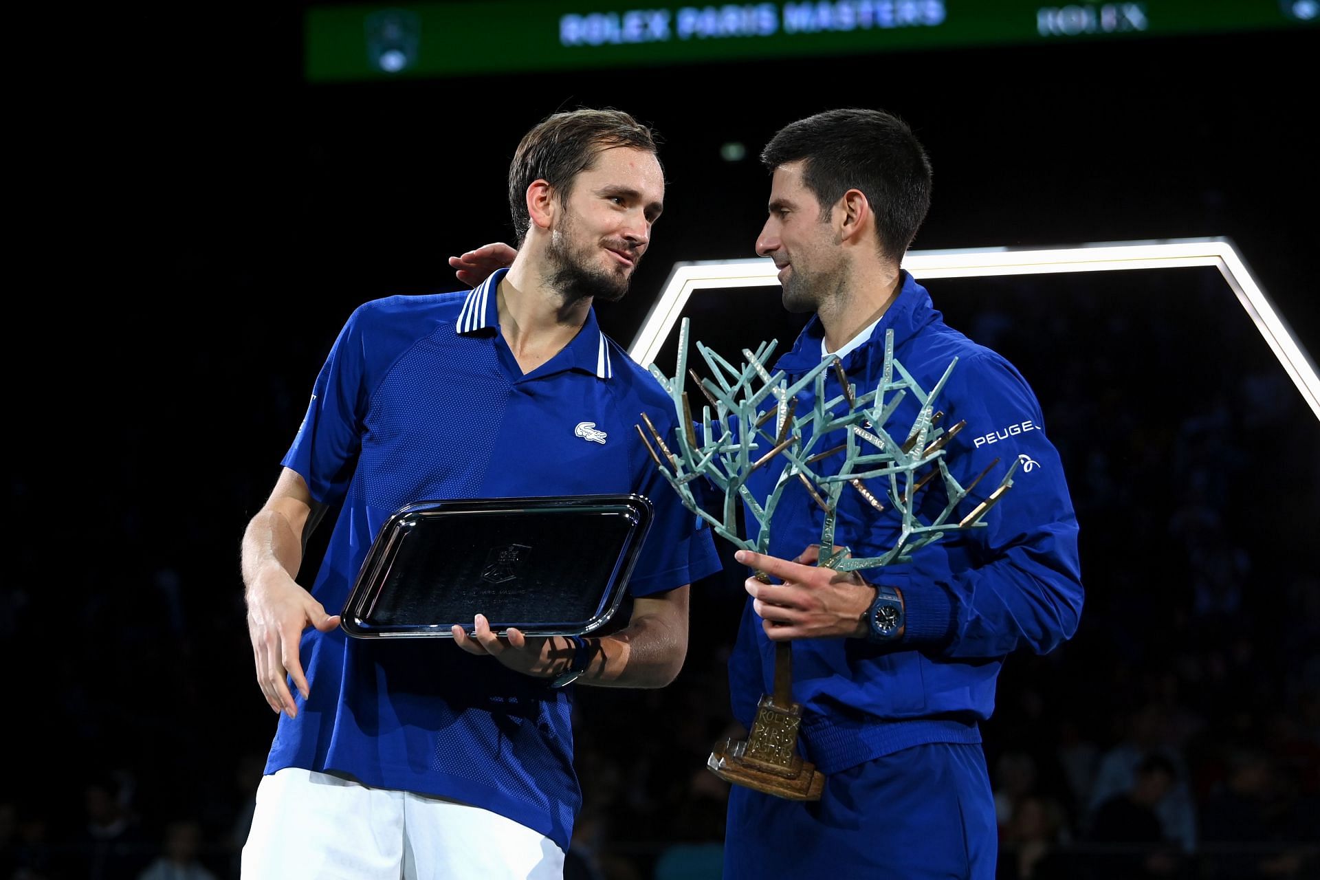 Novak Djokovic (right) with Daniil Medvedev at the 2021 Paris Masters.