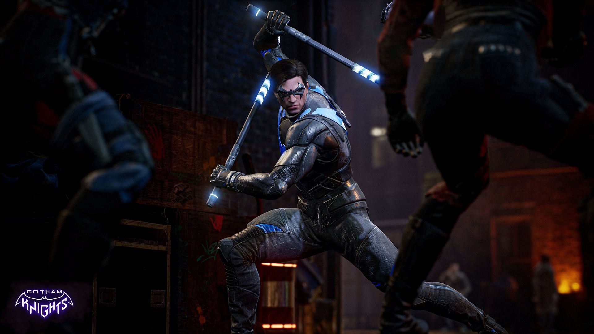 Fighting crime in Gotham Knights as Nightwing (Image via WB Games)