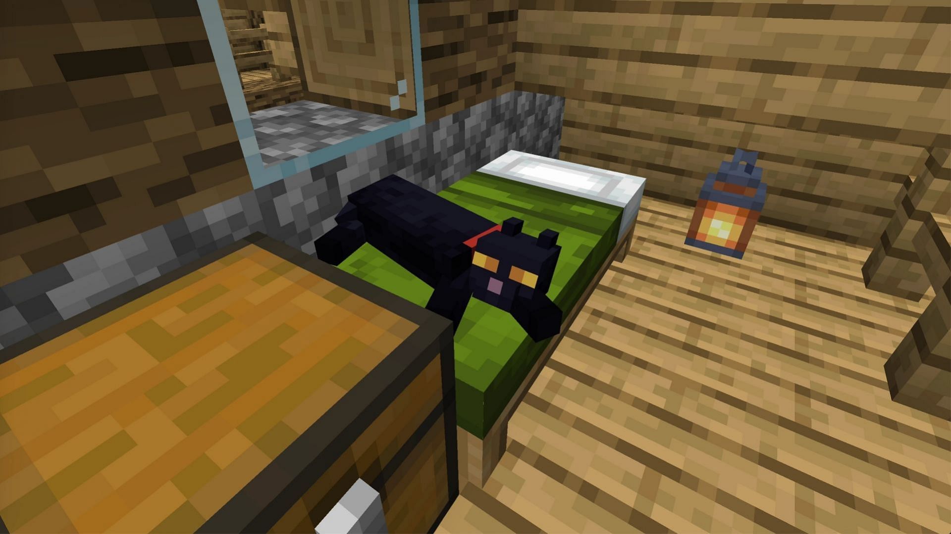 Cats can occasionally lay on beds and purr in Minecraft (Image via Mojang)