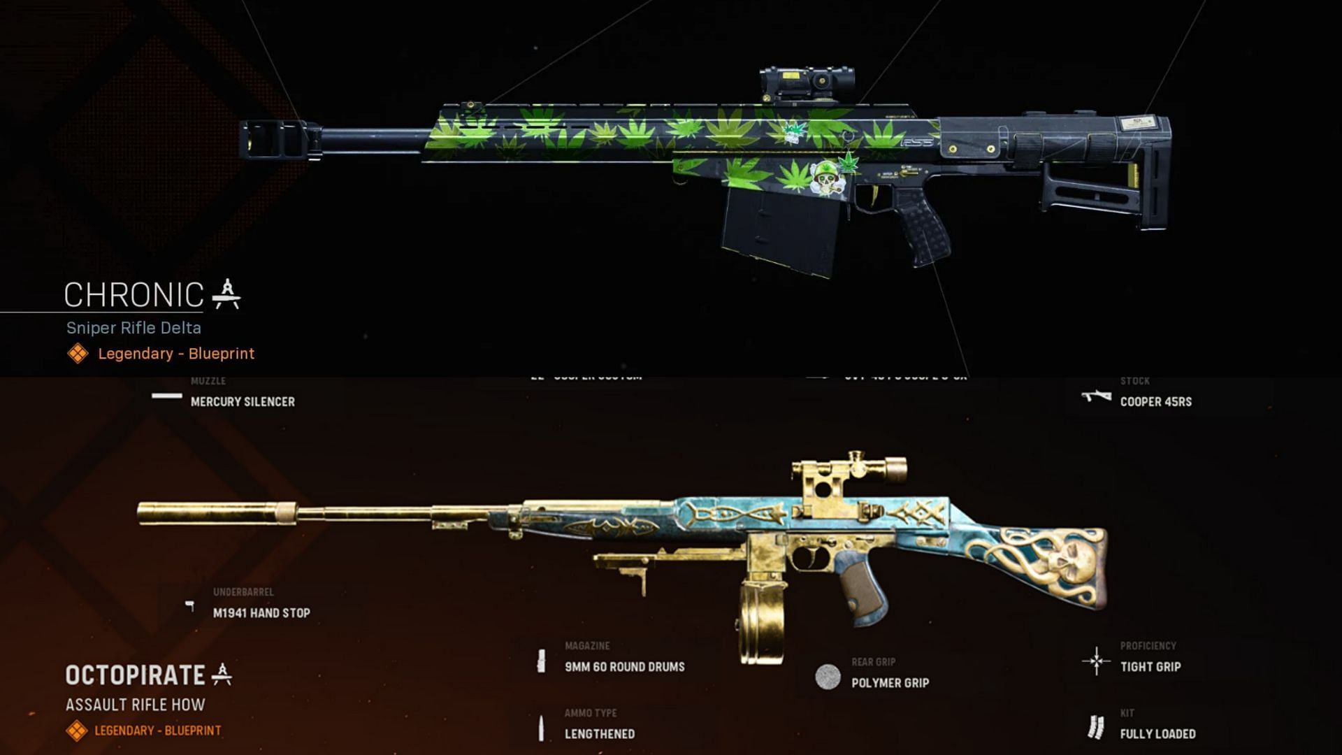 Some available blueprints for the Rytec AMR and Cooper Carbine in Warzone (Image via Activision)