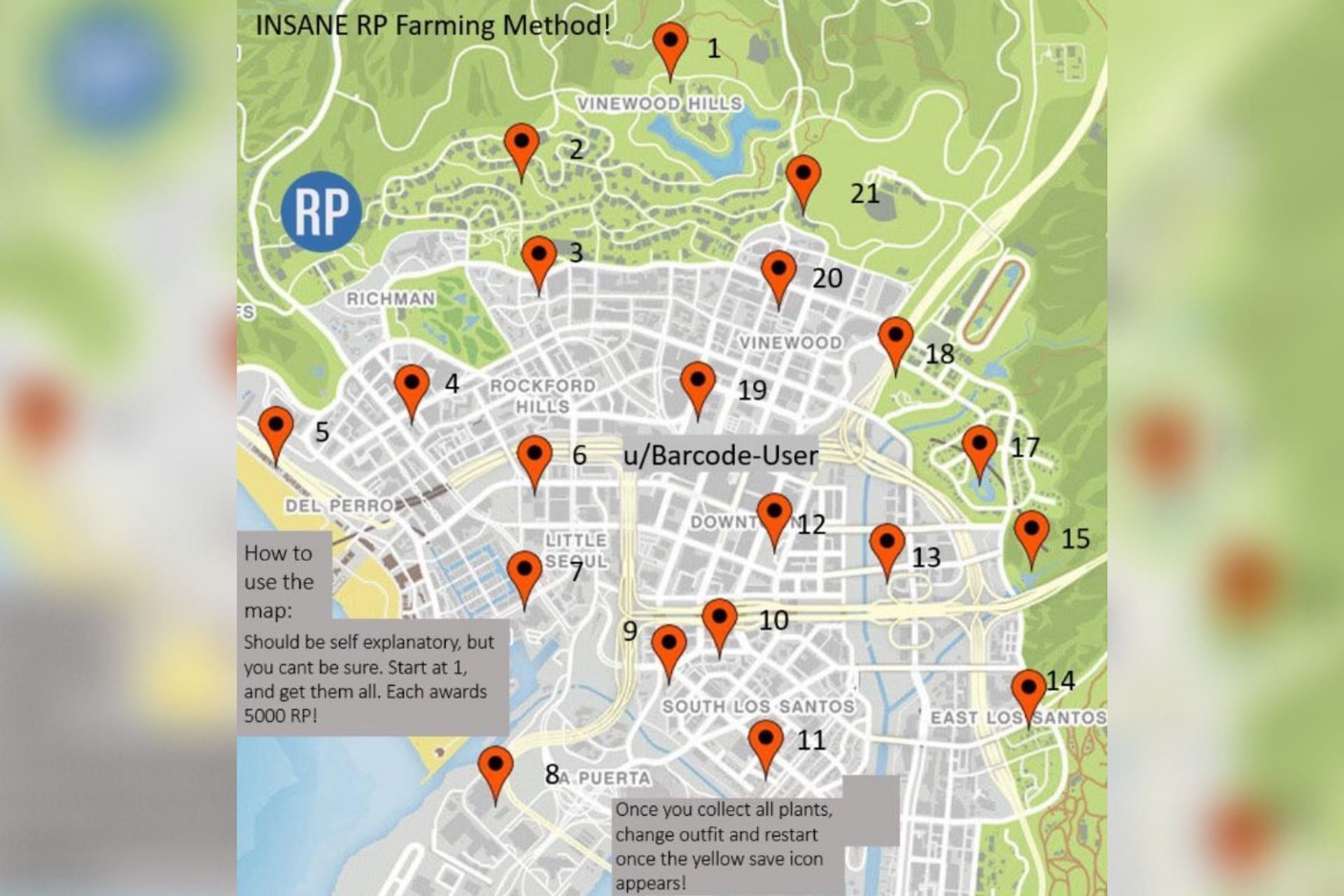 A map of all Peyote Plant locations in GTA Online (Image via Twitter)