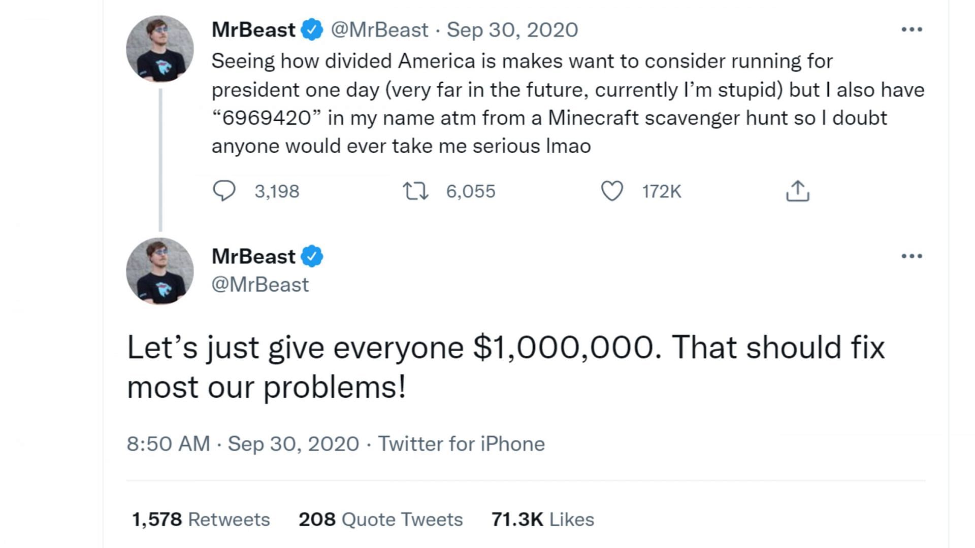 Jimmy hinted towards running for United States president back in 2020 (Image via MrBeast/Twitter)