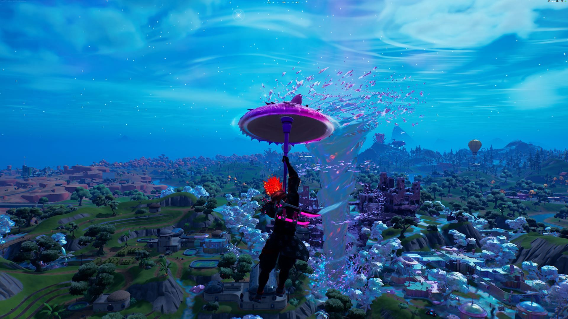 Glide towards the bottom left of the Chrome tornado to get the best possible boost (Image via Epic Games/Fortnite)