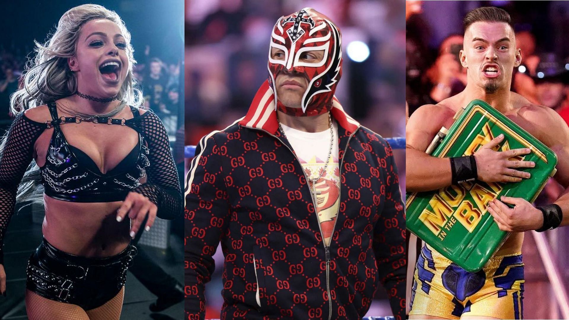 Liv Morgan (left), Rey Mysterio (middle), and Austin Theory (right)