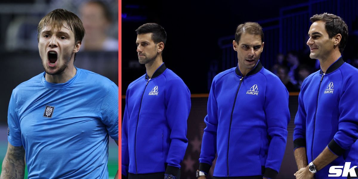 L:R - Alexander Bublik, Novak Djokovic, Rafael Nadal, and Roger Federer  