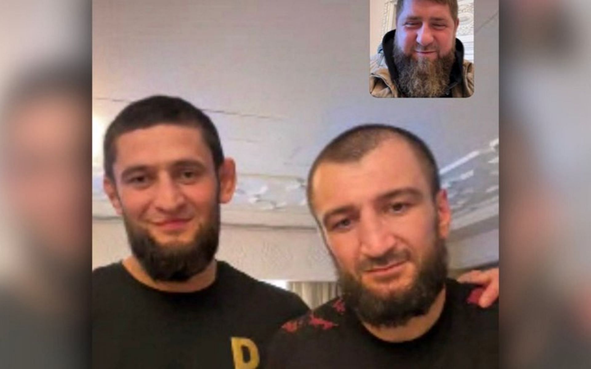 Khamzat Chimaev and Abubakar Nurmagomedov FaceTime with Ramzan Kadyrov [image courtesy of @ya_pomoshnik_kra_95/Instagram]