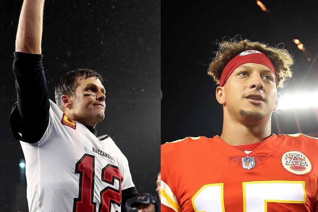 Tom Brady, left, Patrick Mahomes, right