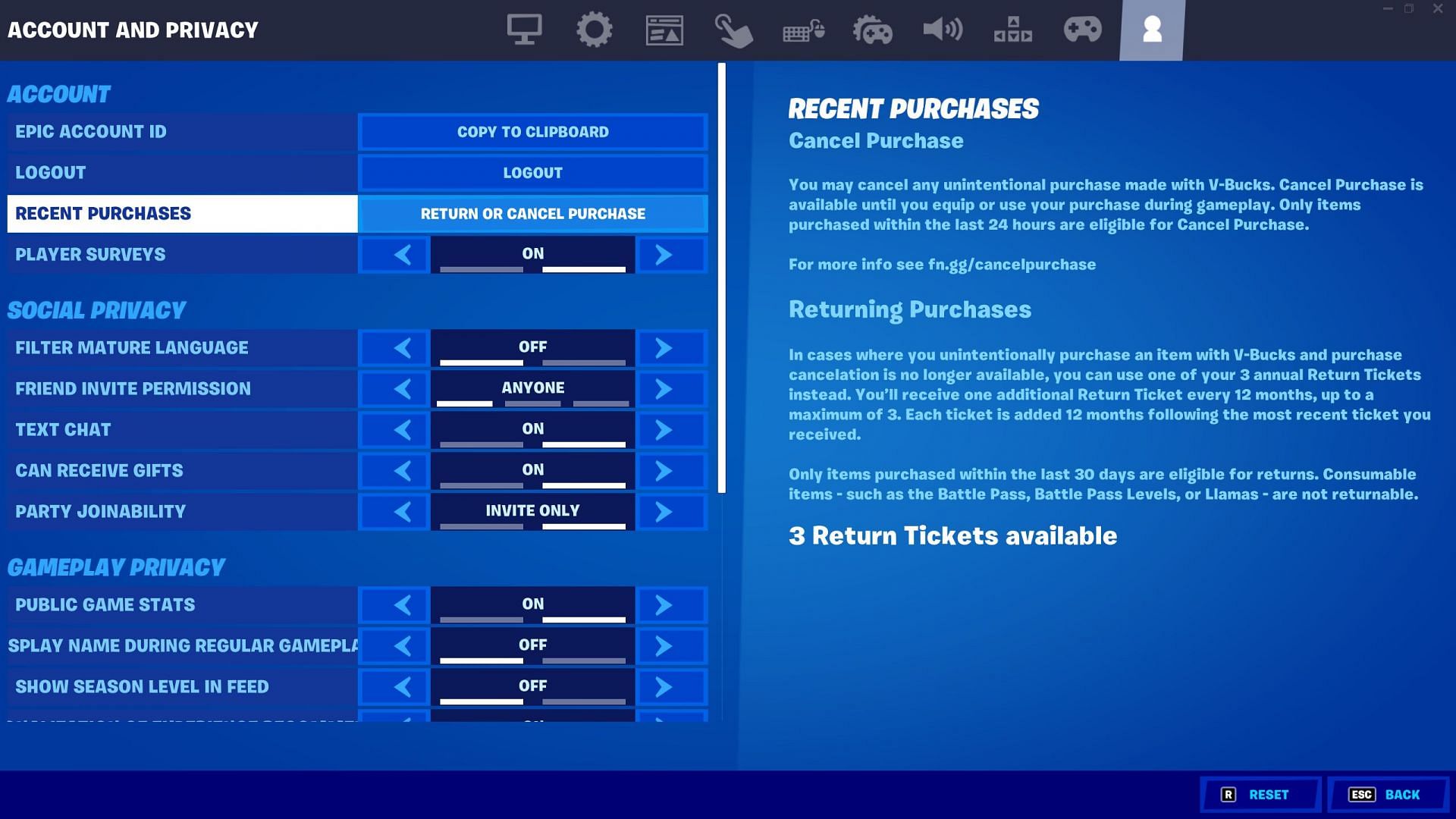To find refund tickets in Fortnite, open the last tab in Settings (Image via Epic Games)
