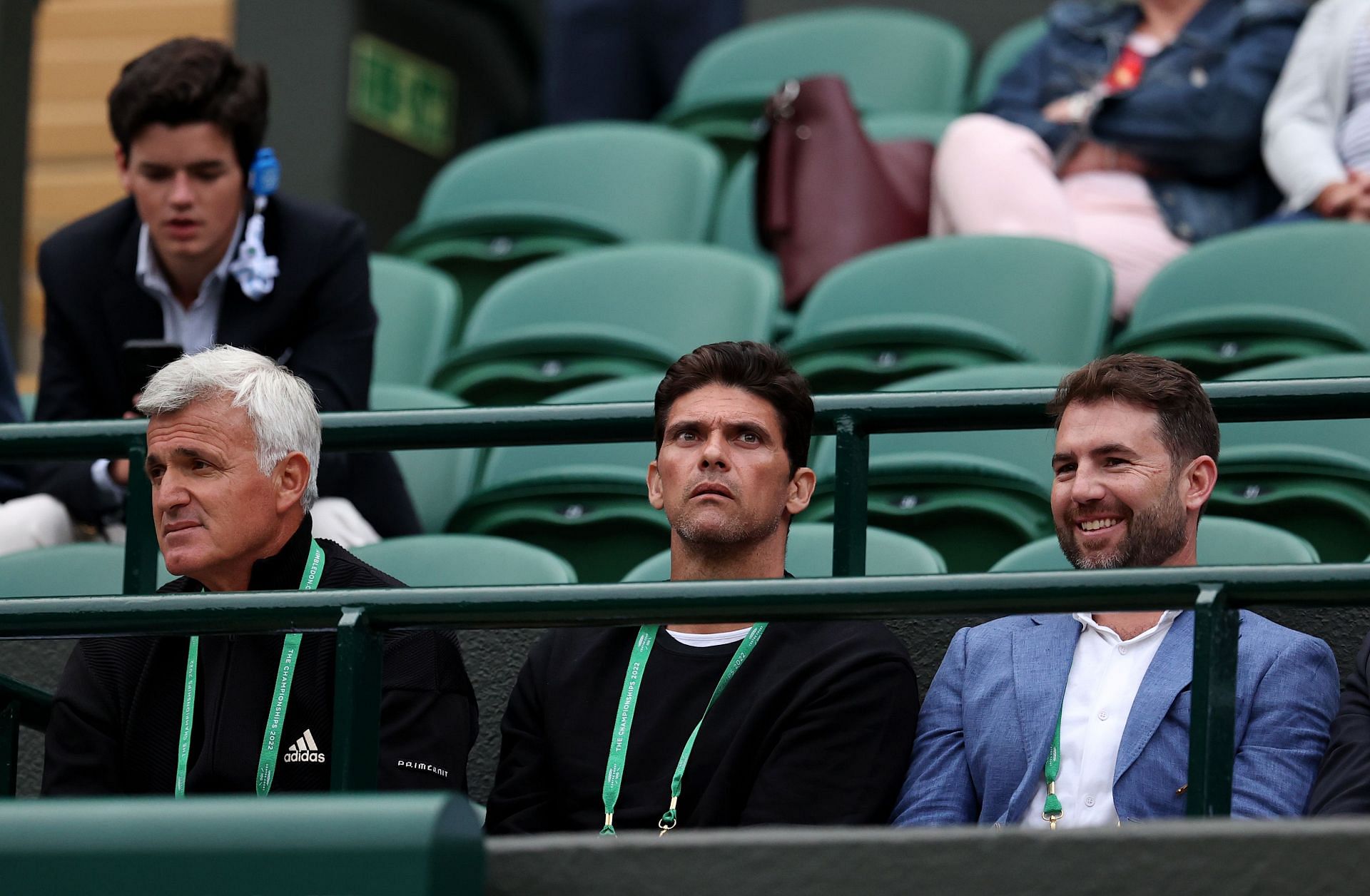 Mark Philippoussis (R) and Stefanos Tsitsipas&#039; father/coach Apostolos (L) during Day Two: The Championships - Wimbledon 2022.