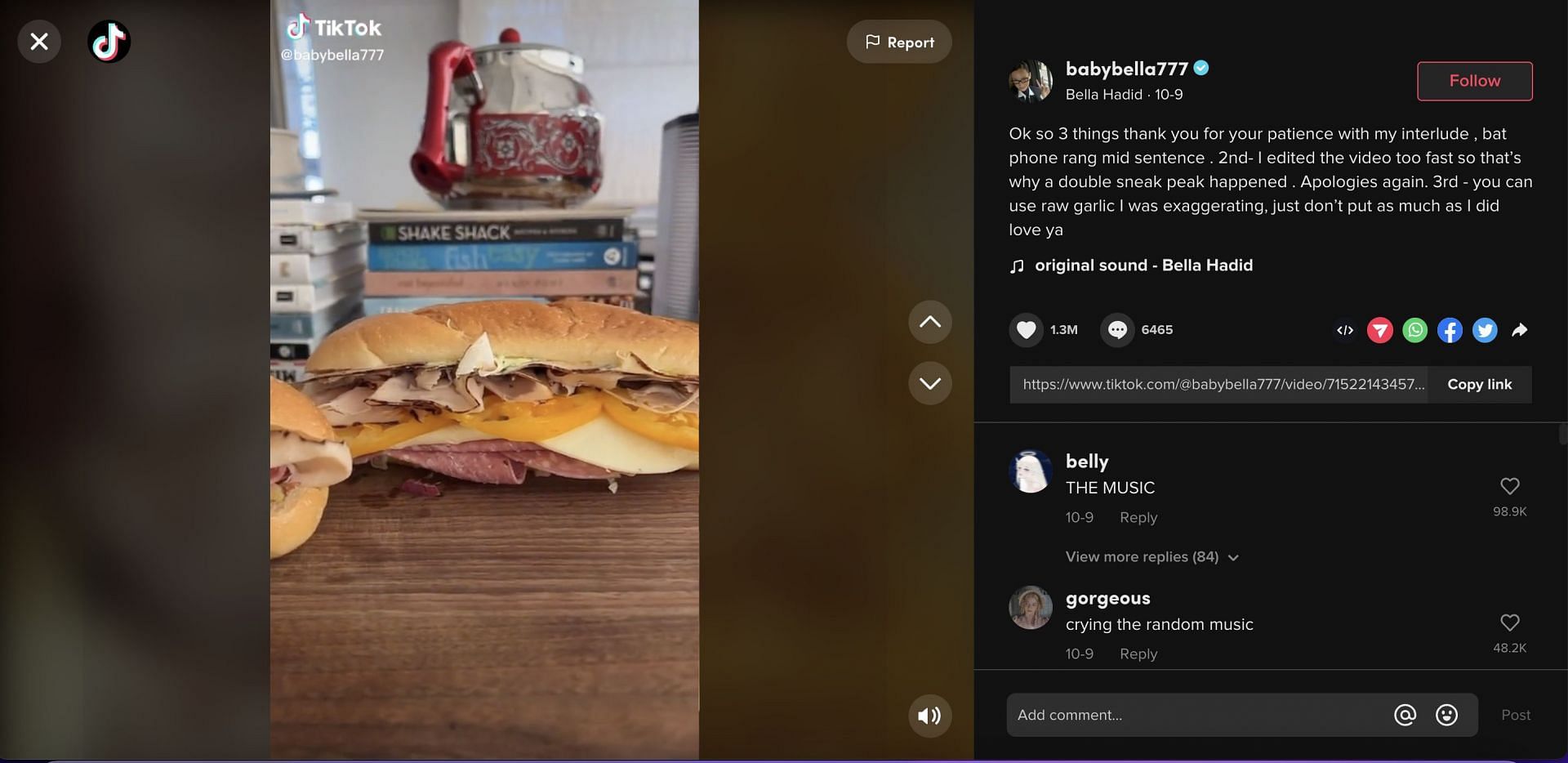 Viral sandwich recipe uploaded by Hadid garners more than 9 million views in just 2 weeks. (Image via Tiktok)