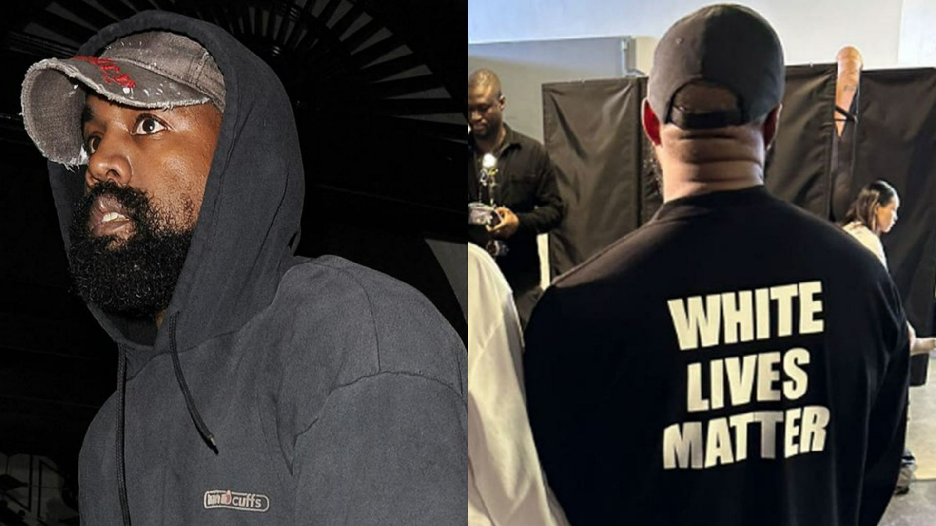 Kanye West wears White Lives Matter t-shirt in Paris Yeezy fashion show (Image via Getty Images and Kurrco/Twitter)
