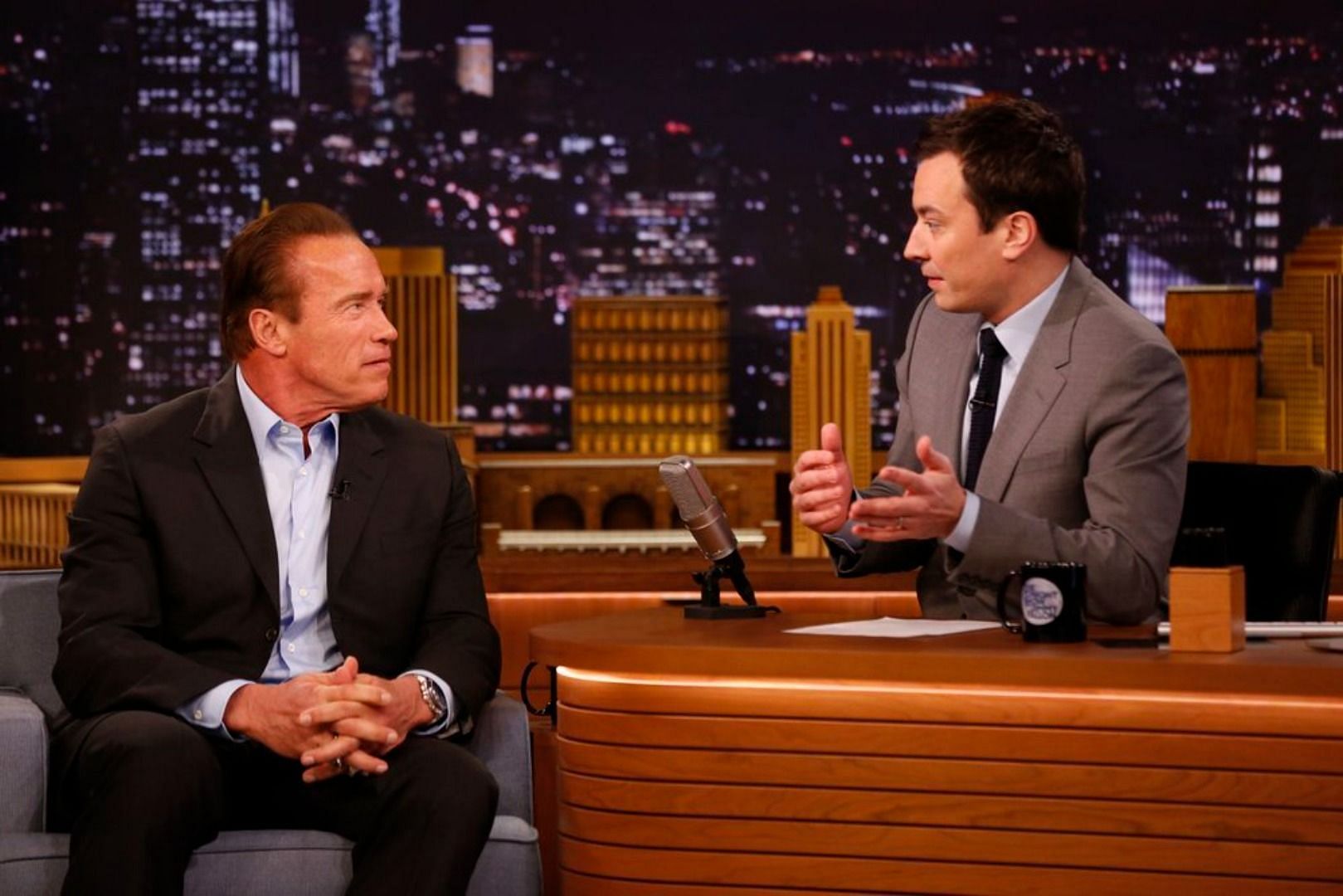 Arnold Schwarzenegger with Jimmy Fallon during The Tonight Show Starring Jimmy Fallon (Image via CBS News)