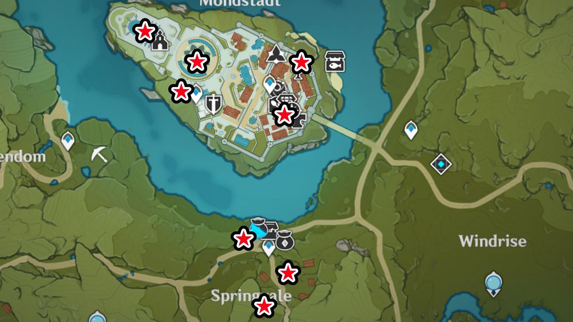 A map of all eight locations for the first part of the Fecund Blessings event (Image via HoYoverse)
