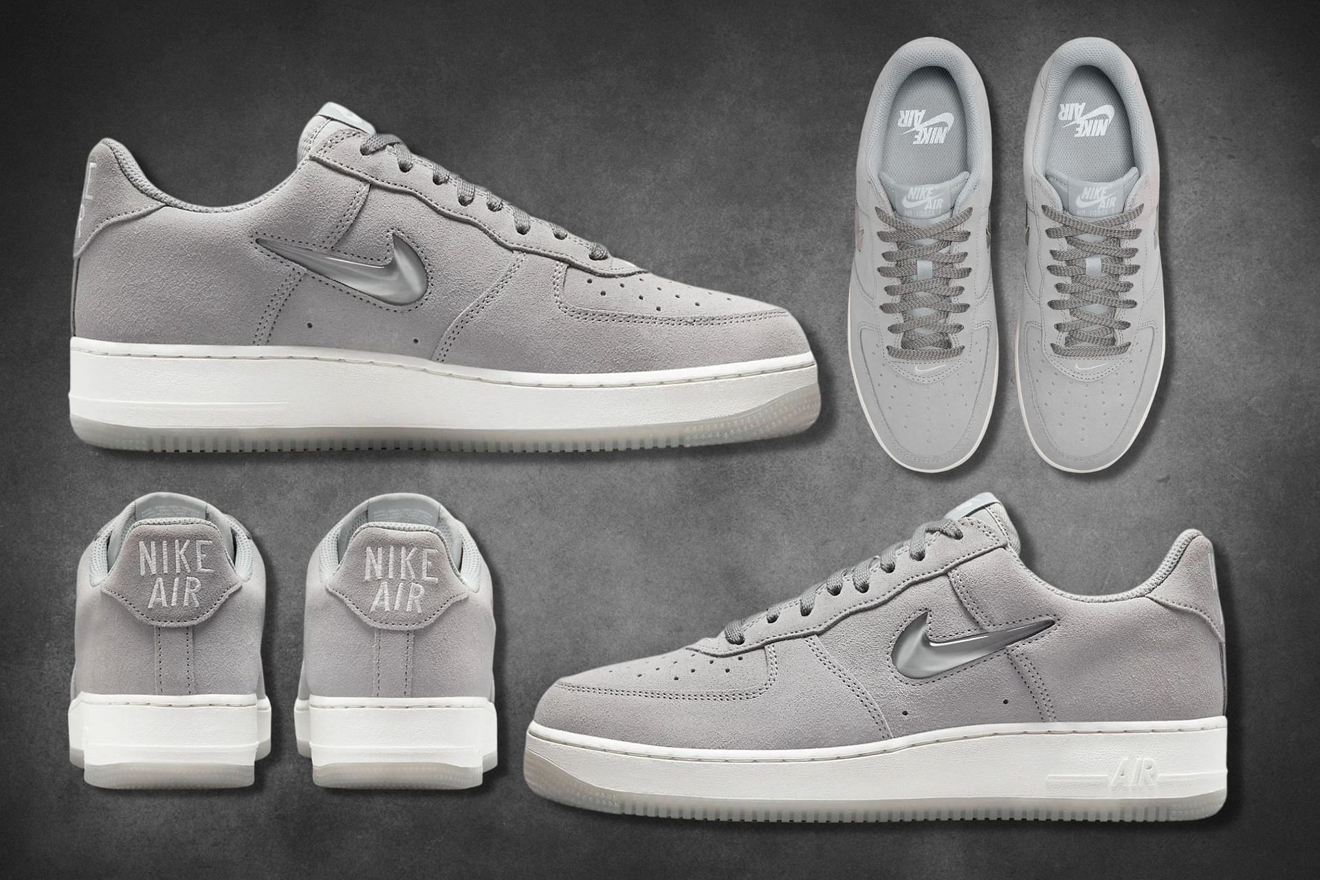 Here&#039;s a detailed look at the Nike Air Force 1 Low Color of the month Grey suede sneakers (Image via Sportskeeda)