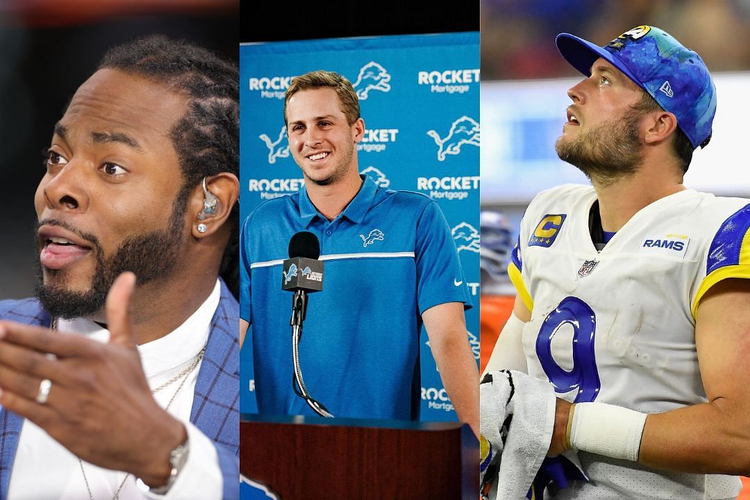 Former NFL CB Richard Sherman (l), Lions QB Jared Goff (m), and Rams QB Matthew Stafford (r)