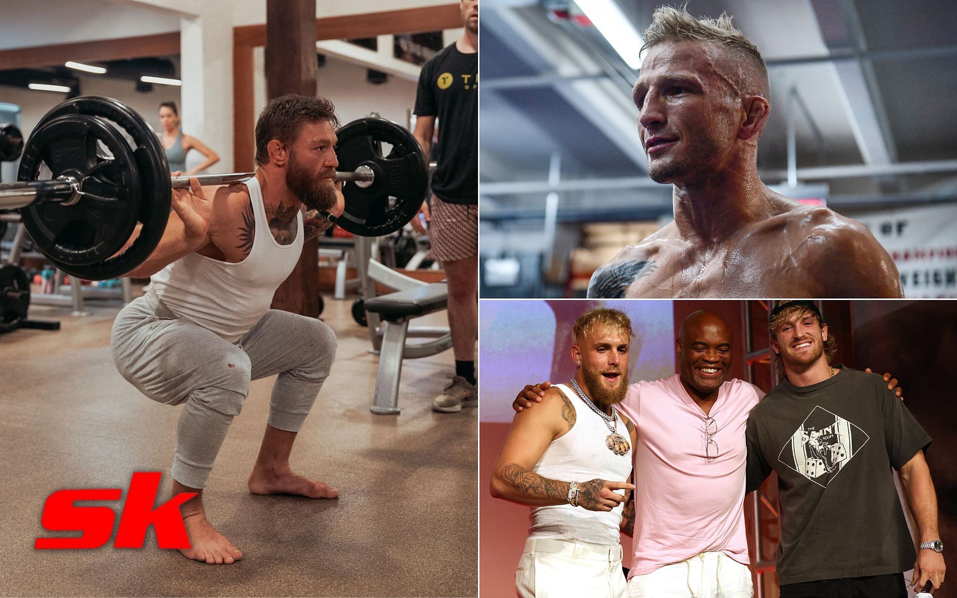 Conor McGregor (left - via @thenotoriousmma on IG), T.J. Dillashaw (top right), Anderson Silva with Logan and Jake Paul (bottom right)