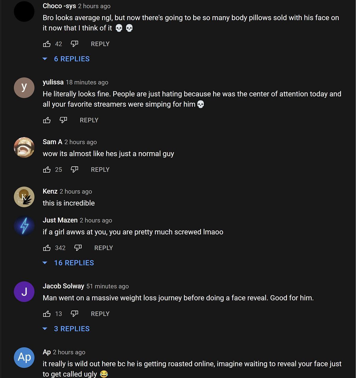Fans in the YouTube comments section discussing Dream&#039;s face reveal (Image via Offline Network/YouTube)