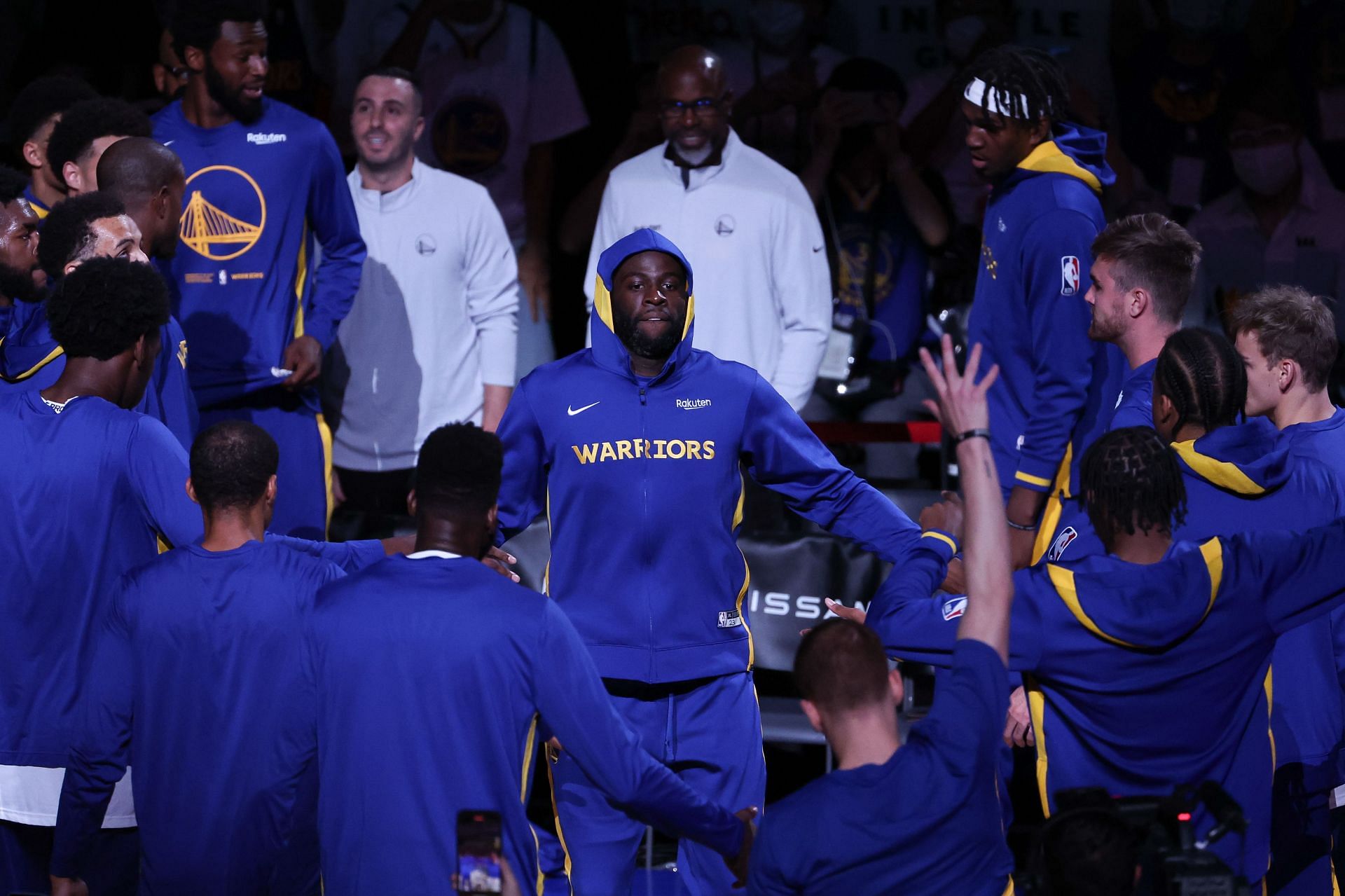 Draymond Green of the Golden State Warriors with his teammates