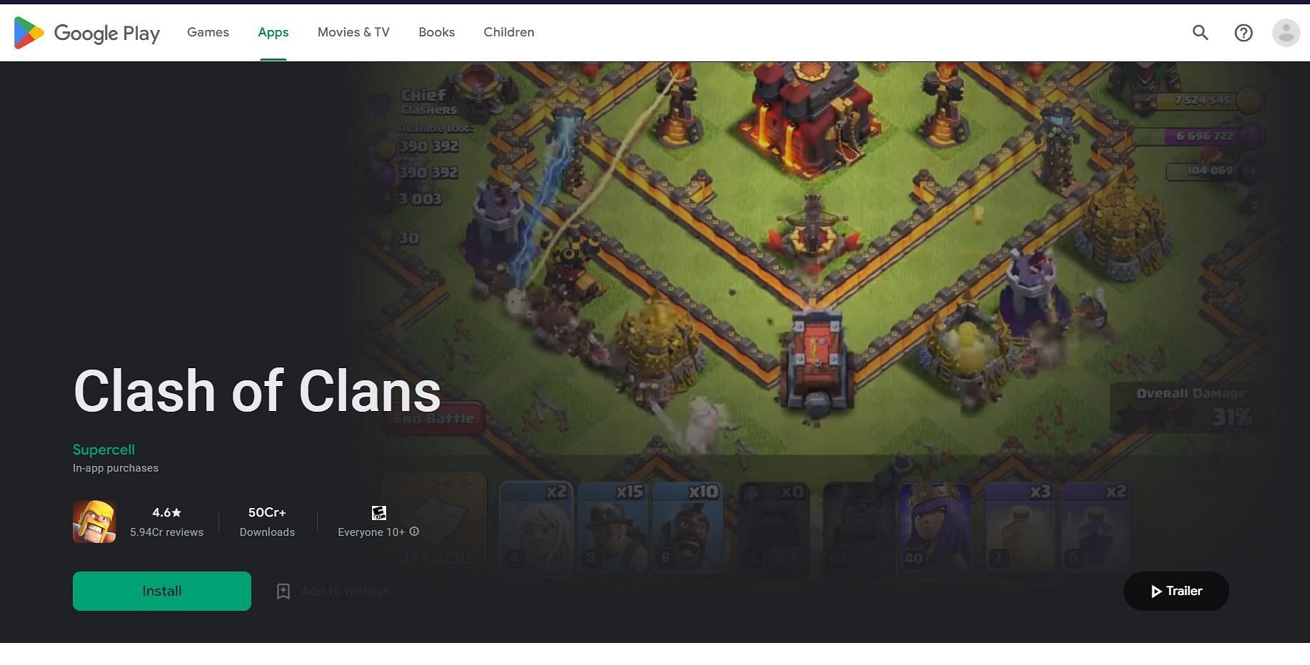Those with Android devices must use the Google Play Store to download the latest Clash of Clans update (Image via Google Play Store)
