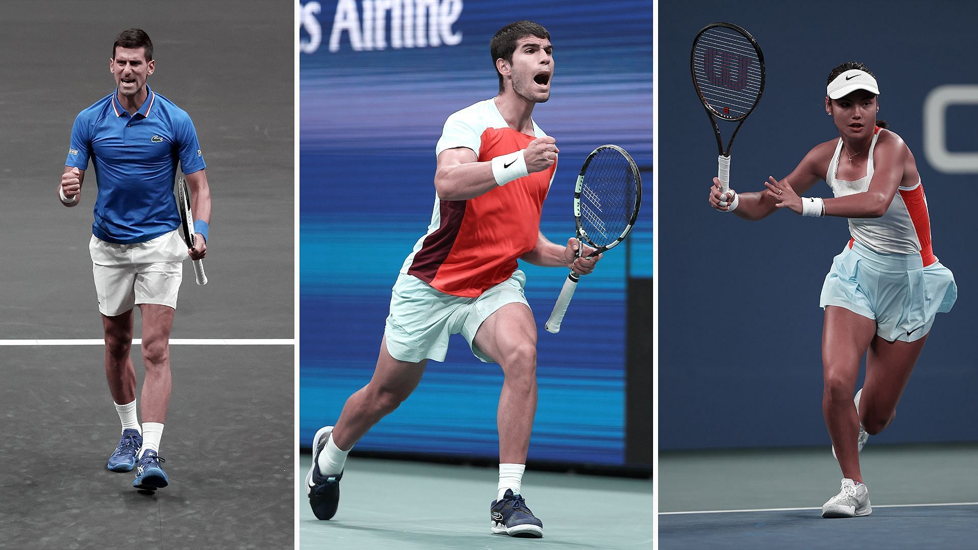 From L-R: Novak Djokovic, Carlos Alcaraz and Emma Raducanu.