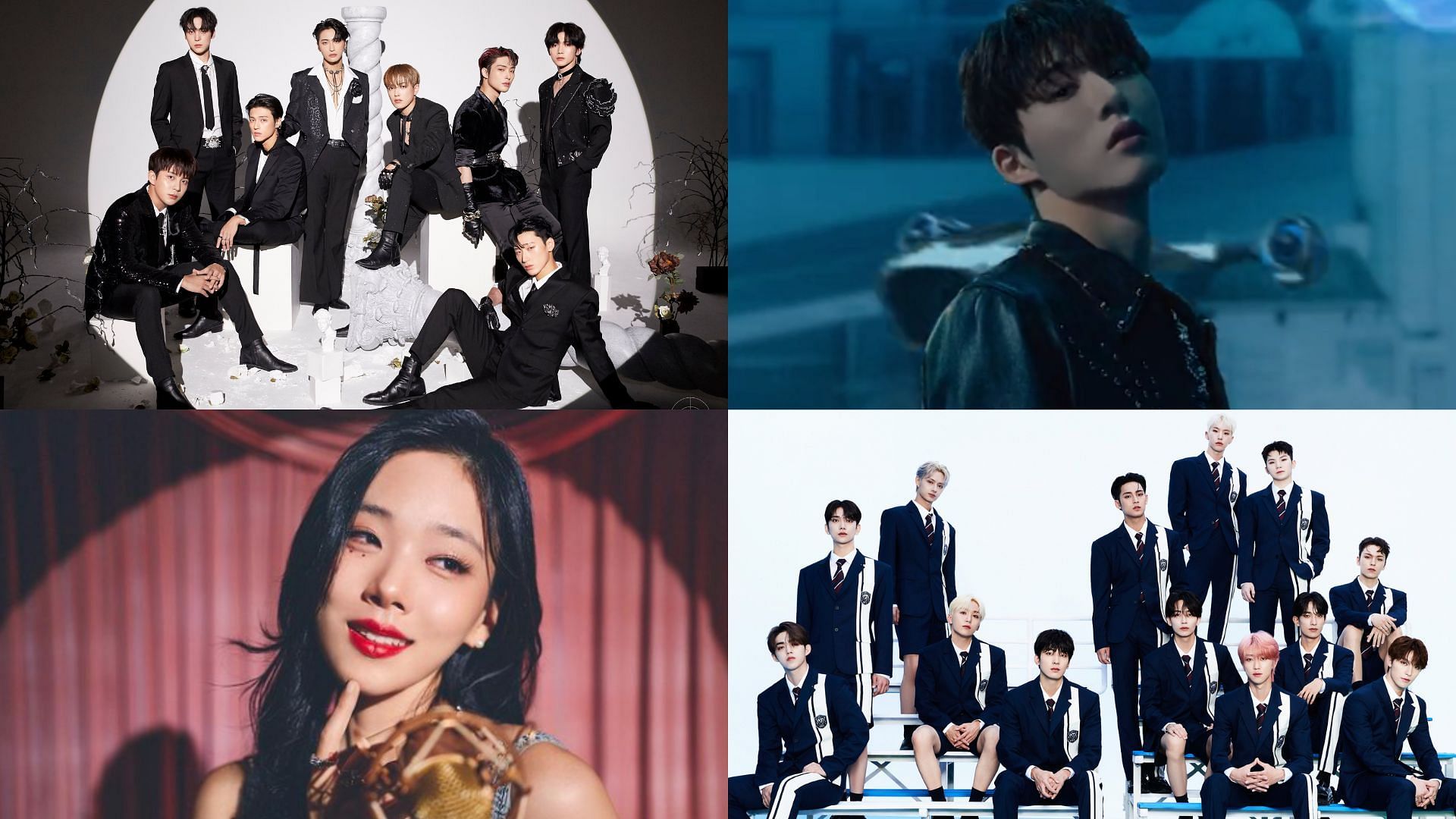 K-pop comebacks in November 2022 (Images via Twitter/@ateez_official/@pledis_17jp/@131online and Instagram/@nakedbibi)