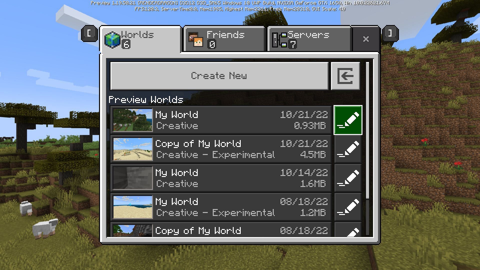 Create an ordinary world and press the edit button to activate experimental Minecraft features (Image via Mojang)