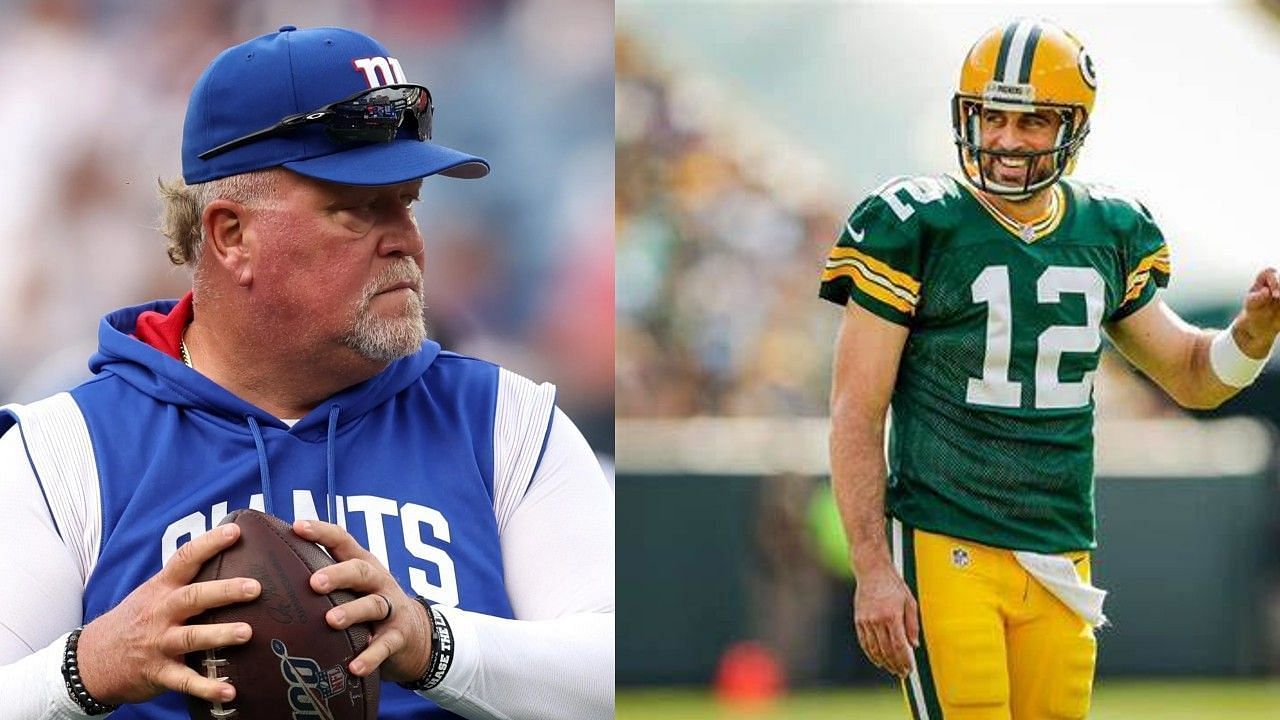 New York Giants Defensive Coordinator Wink Martindale (left) and Green Bay Packers quarterback Aaron Rodgers (right).