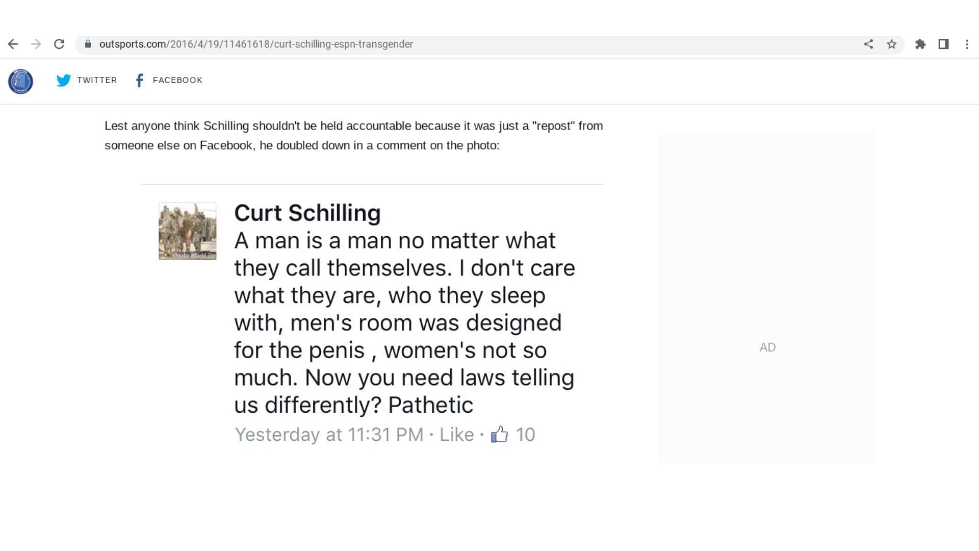 Curt Schilling&#039;s disputed comment under his Facebook post in 2016.