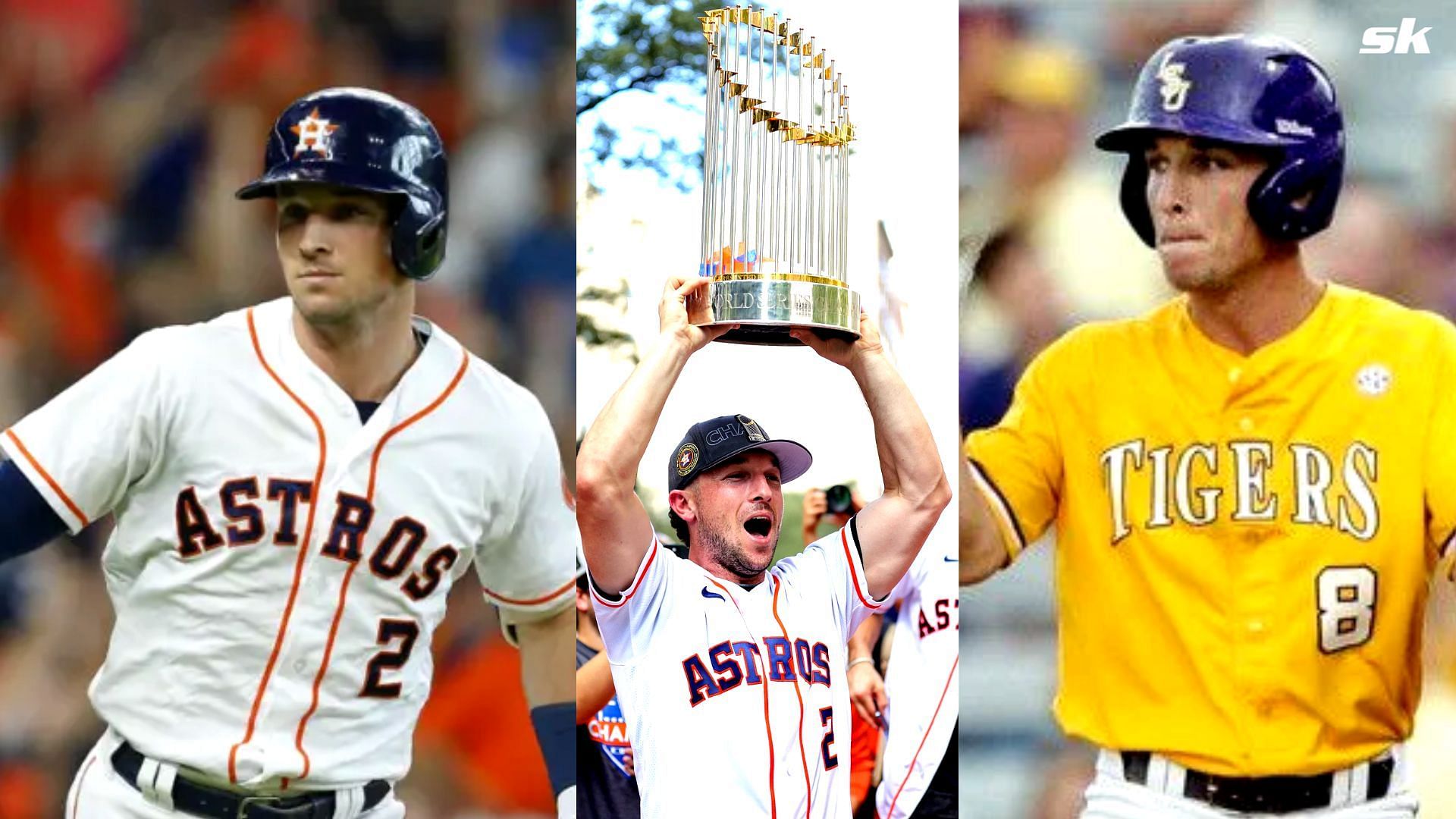 Houston Astros star, Alex Bregman; Alex with the 2022 World Series trophy; Alex during his LSU Tiger Baseball days.