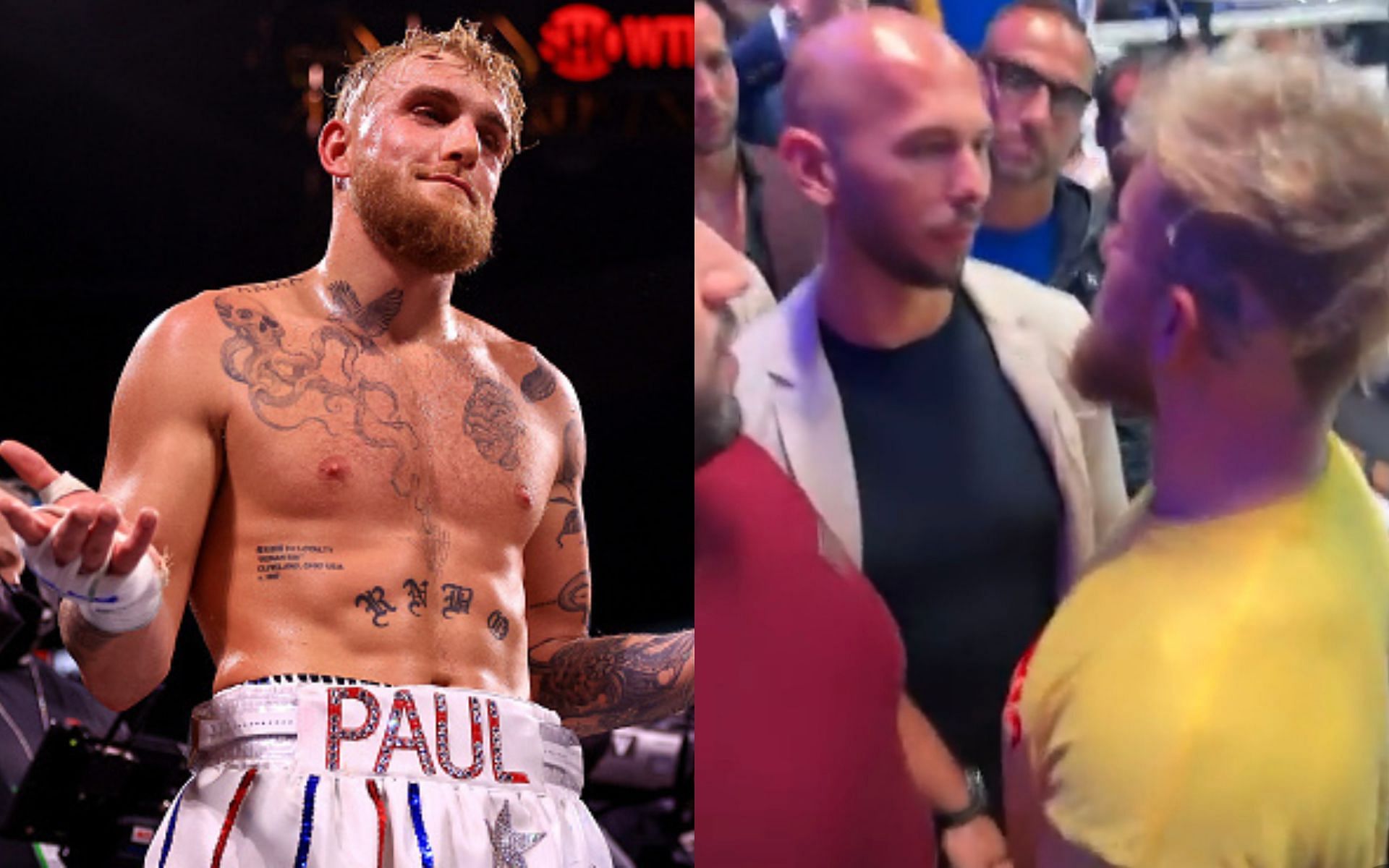 Jake Paul (left) (Image via Getty) and Andrew Tate facing off with Paul (right)(Image via Twitter @GlobalTitansFC)