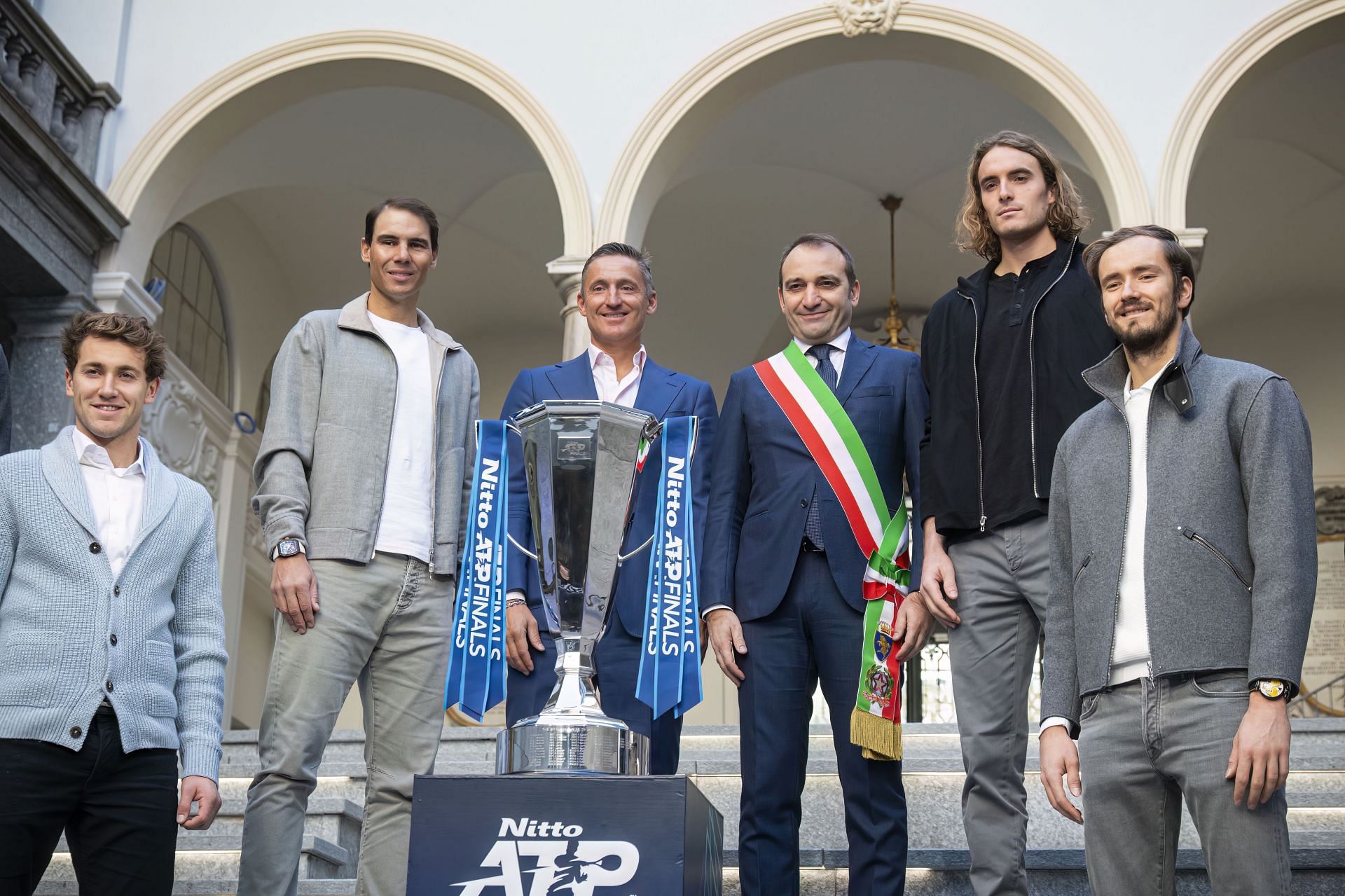 The players posing with ATP President Andrea Gaudenzi and the Mayor of Turin