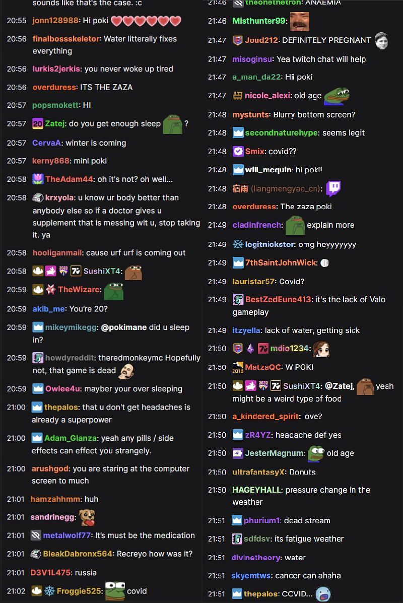 Fans in the Twitch chat reacting to the streamer&#039;s health update (Images via Pokimane/Twitch)