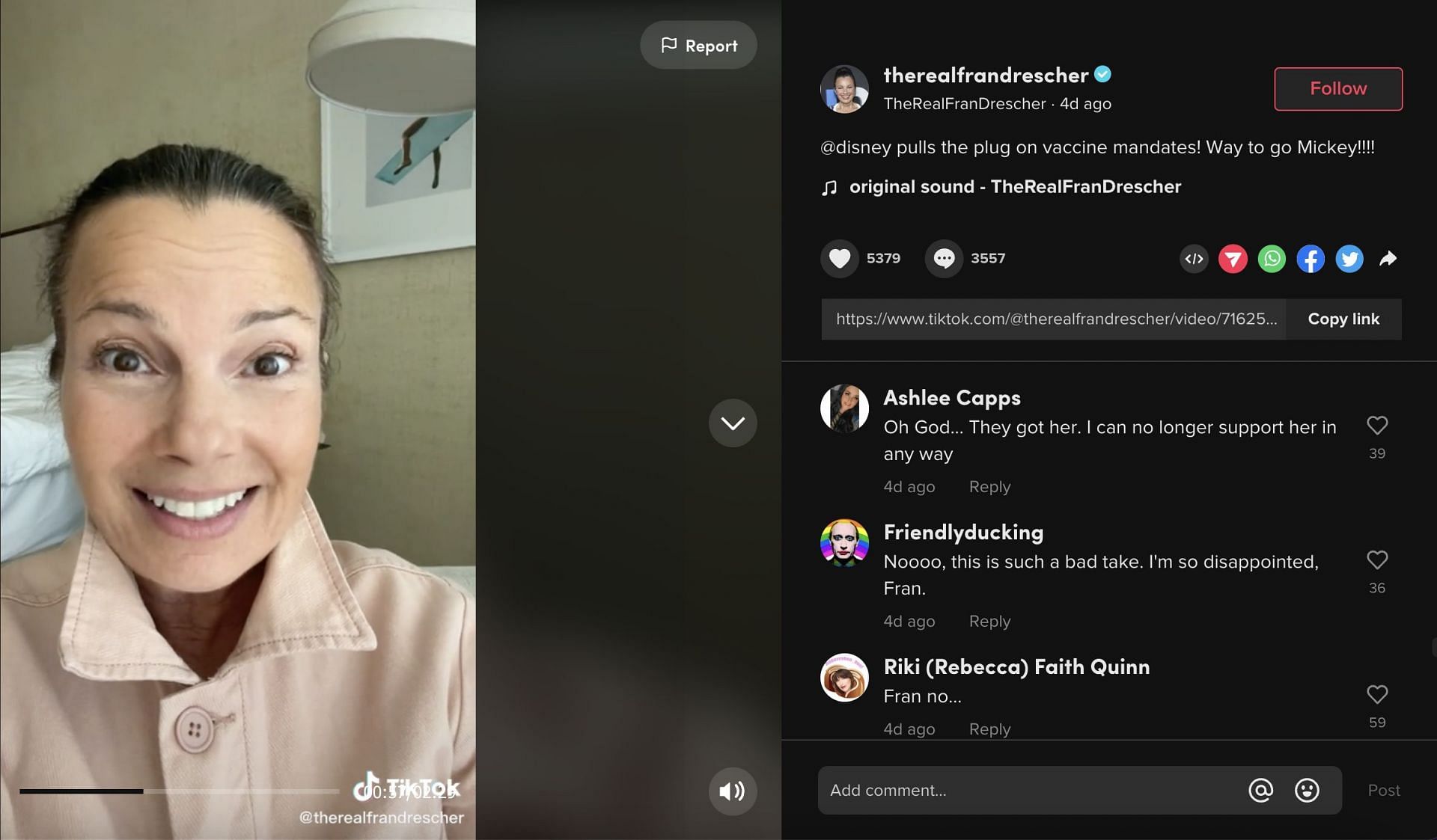 Fran Drescher&#039;s anti-vax video on TikTok received major backlash as she applauded Disney for removing Covid vaccine mandates. (Image via TikTok)