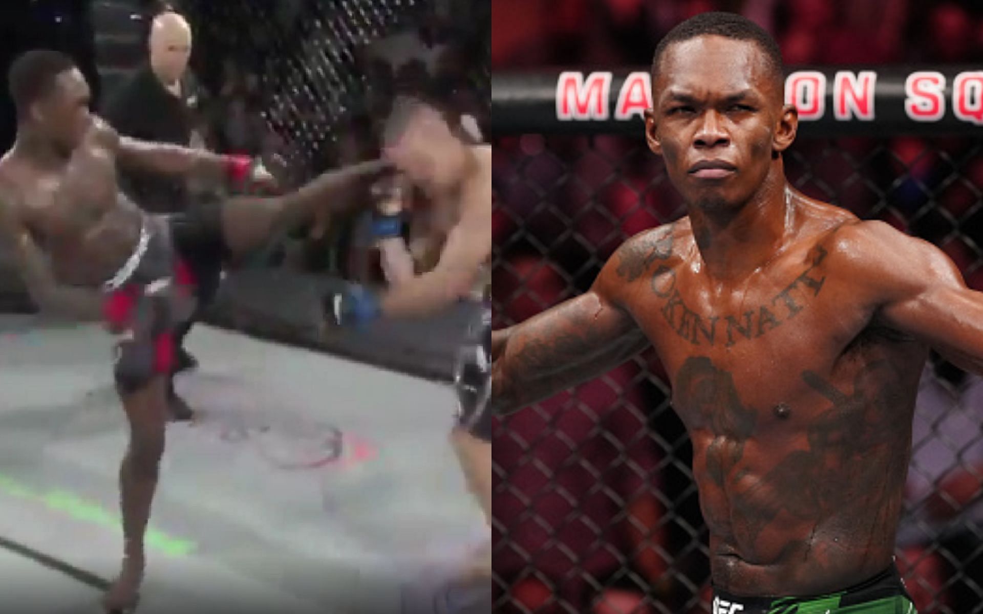 Israel Adesanya vs. Stuart Dare (left. Image credit: @MMAHistoryToday on Twitter), Israel Adesanya (right)