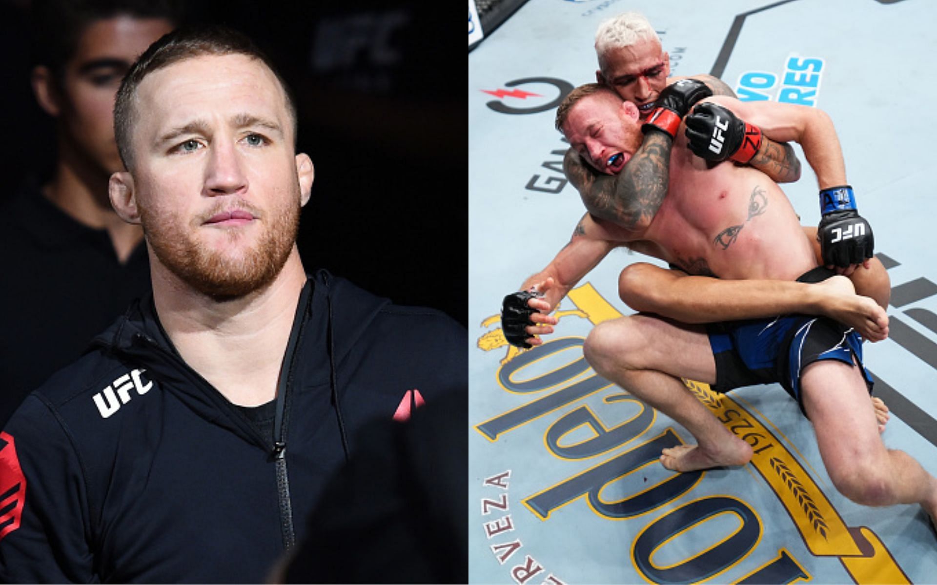 Justin Gaethje (left) and Charles Oliveira on the back of Gaethje (right)(Images via Getty)