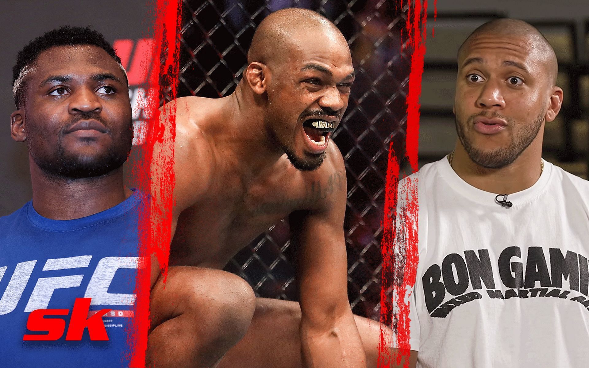 Jon Jones (Left), Francis Ngannou (Middle), Ciryl Gane (Right) [Image courtesy: Getty, @BTSport on YouTube]