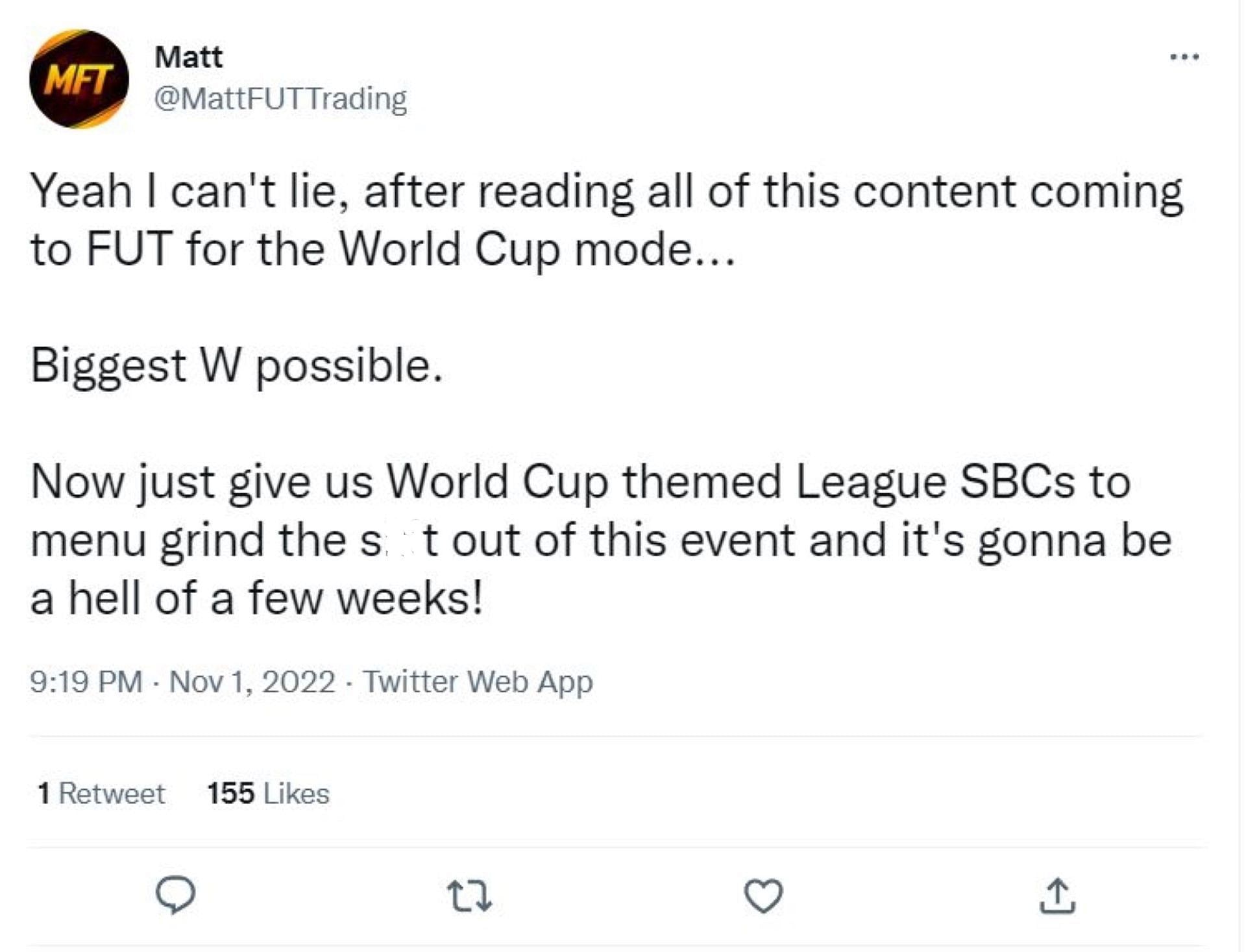 A Twitter user reacts to the FIFA 23 World Cup mode (Image via Twitter/@MattFUTTrading)