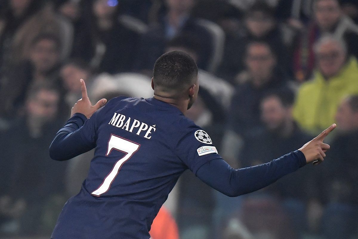Kylian Mbappe celebrates his stunning goal against Juventus.