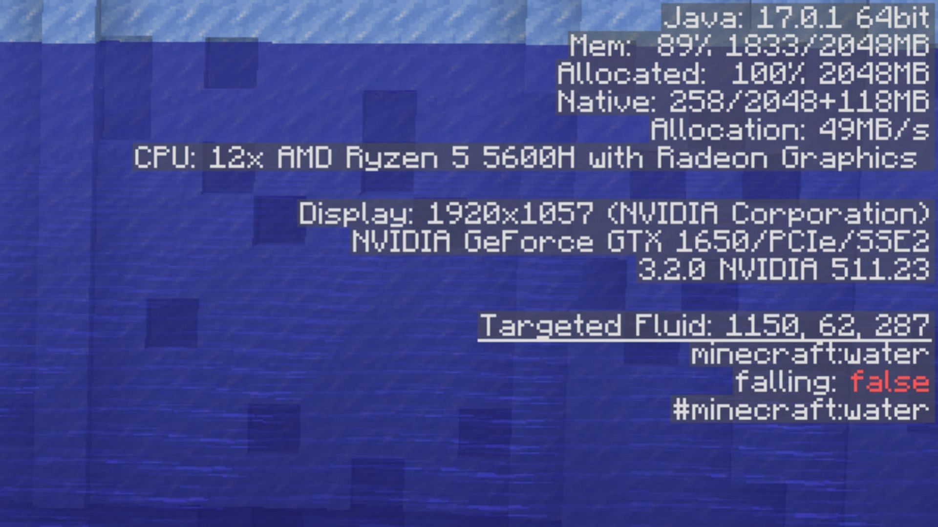 Right side of the debug screen with device specifications, resources used and block information (Image via Mojang)
