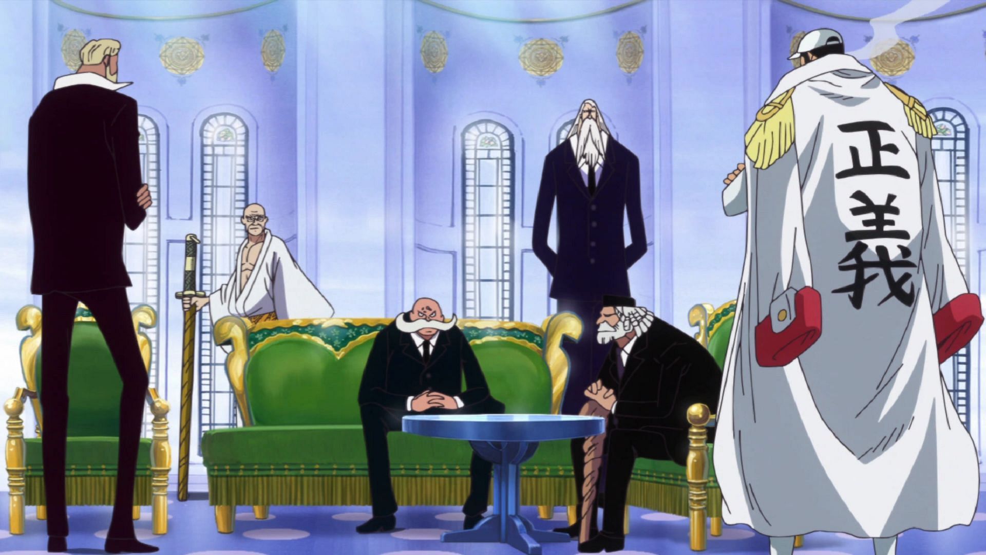 The Five Elders aren&#039;t afraid to discuss with Fleet Admiral Akainu (Image via Toei Animation, One Piece)