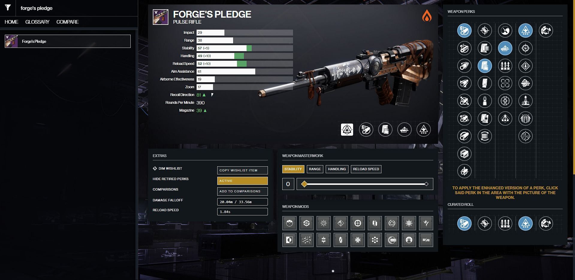 Forge&#039;s Pledge PvE god roll (Image via Destiny 2 Gunsmith)