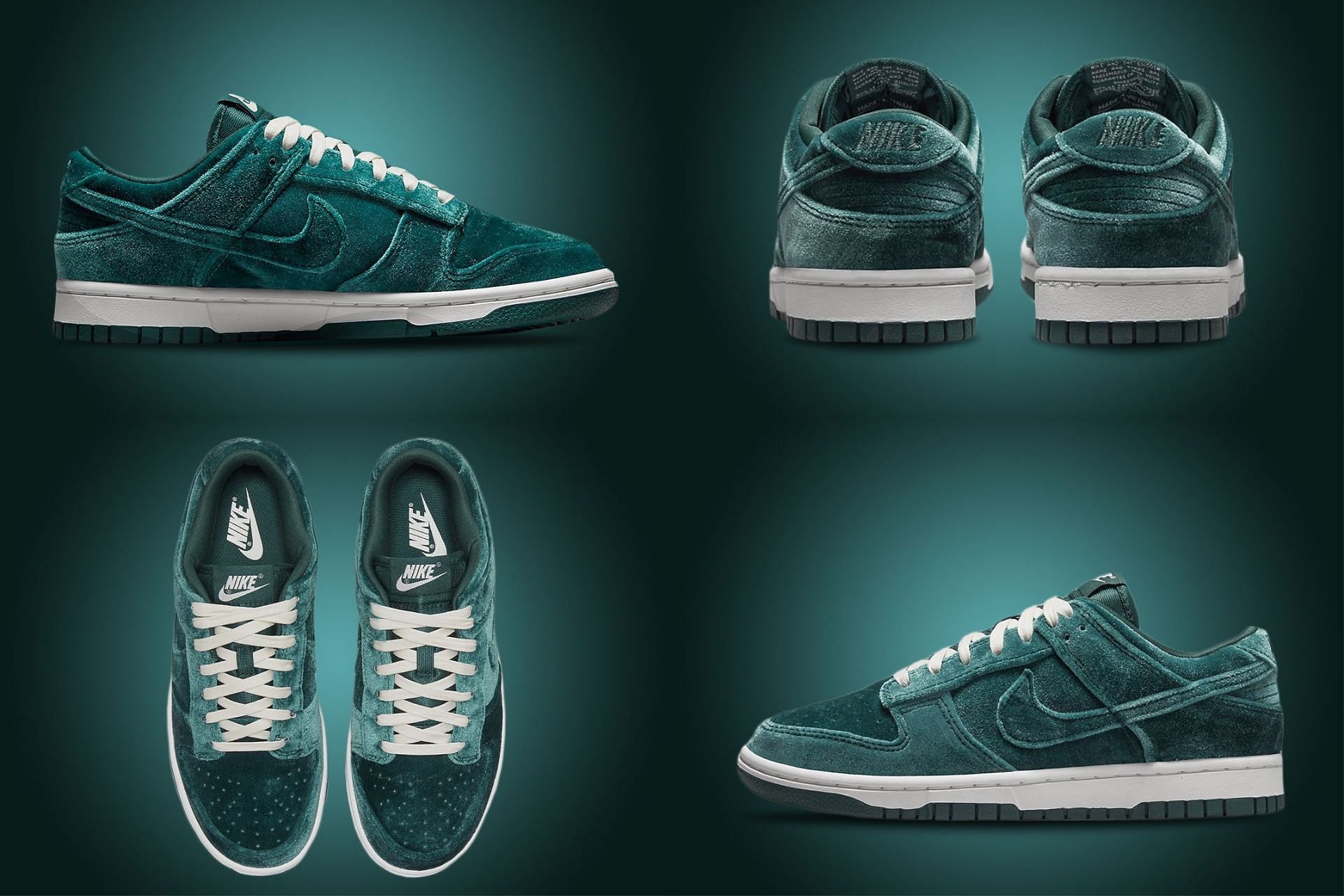 Here&#039;s a detailed look at the Nike Dunk Low Bright Spruce Velvet colorway (Image via Sportskeeda)