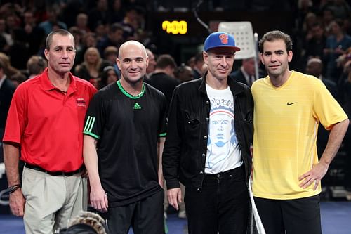 (L-R): Ivan Lendl, Andre Agassi, John McEnroe, and Pete Sampras pose for a photo at the BNP Paribas Showdown