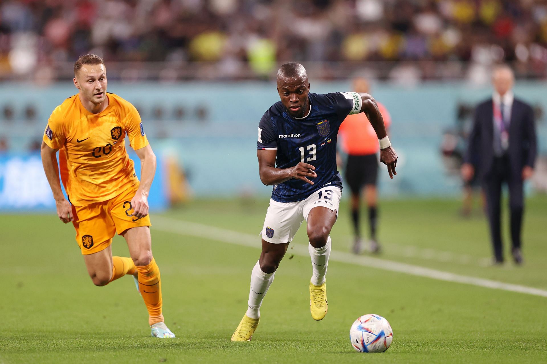 Enner Valencia controls the ball under pressure from Teun Koopmeiners.