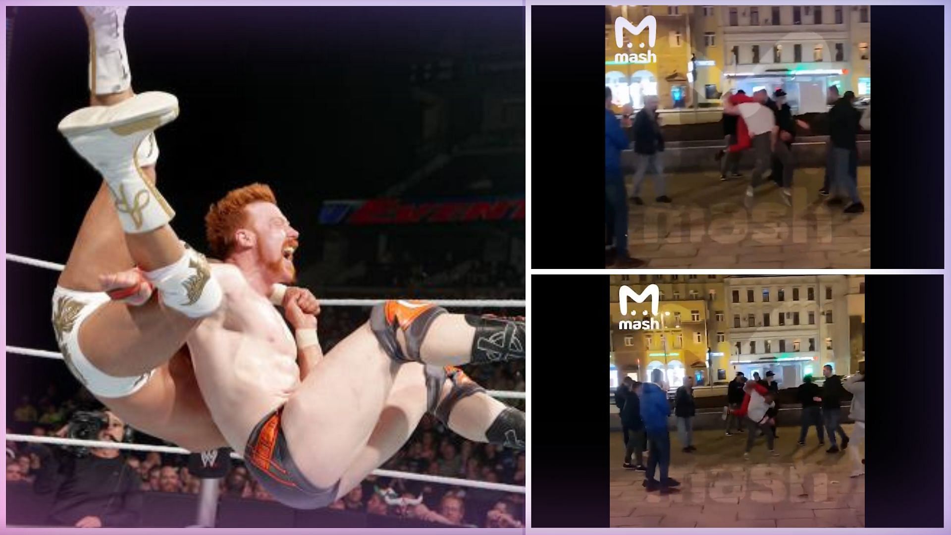 WWE Superstar Sheamus delivering a White Noise to an opponent. 