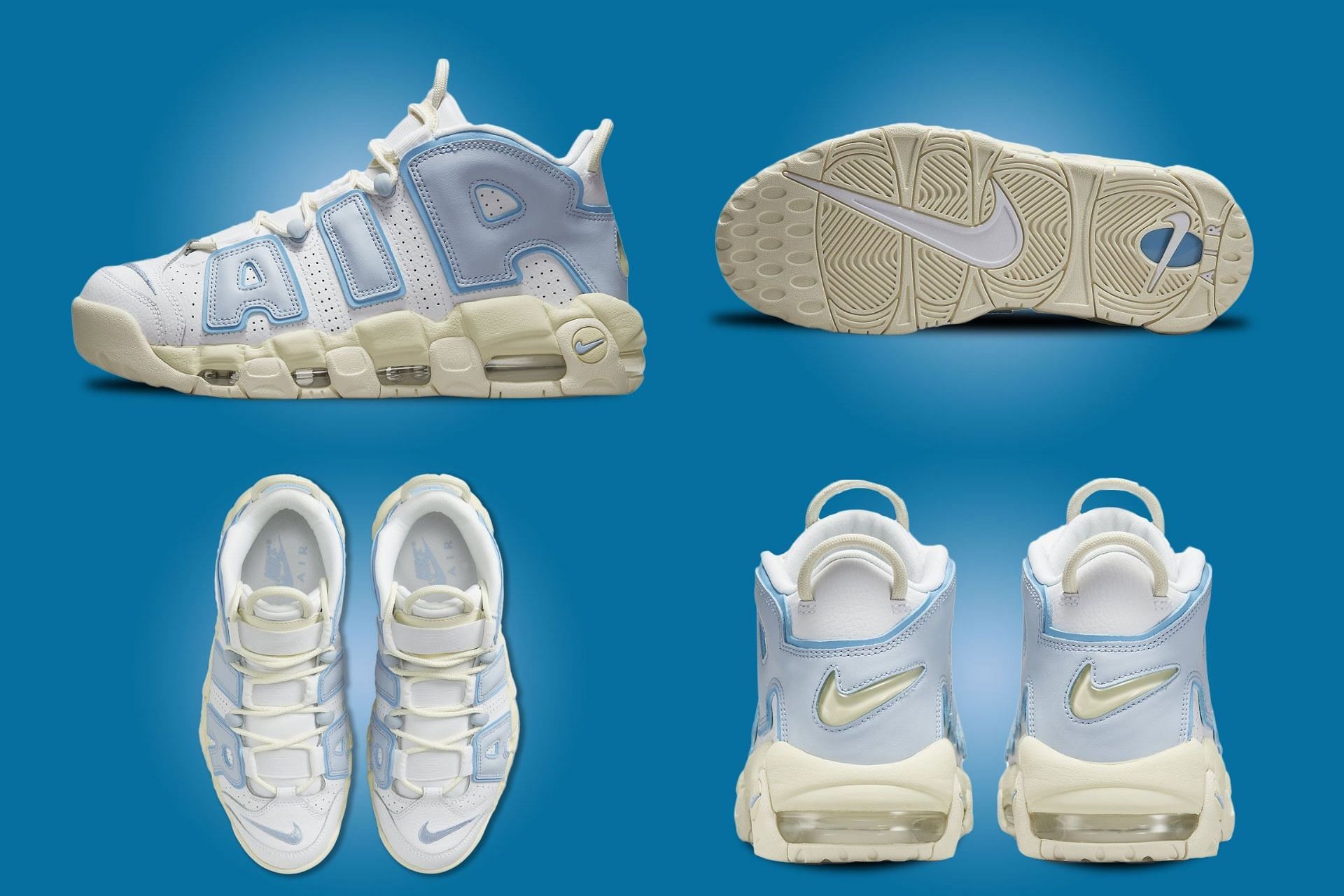 Here&#039;s a detailed look at the Air More Uptempo White Ocean Bliss shoes (Image via Sportskeeda)