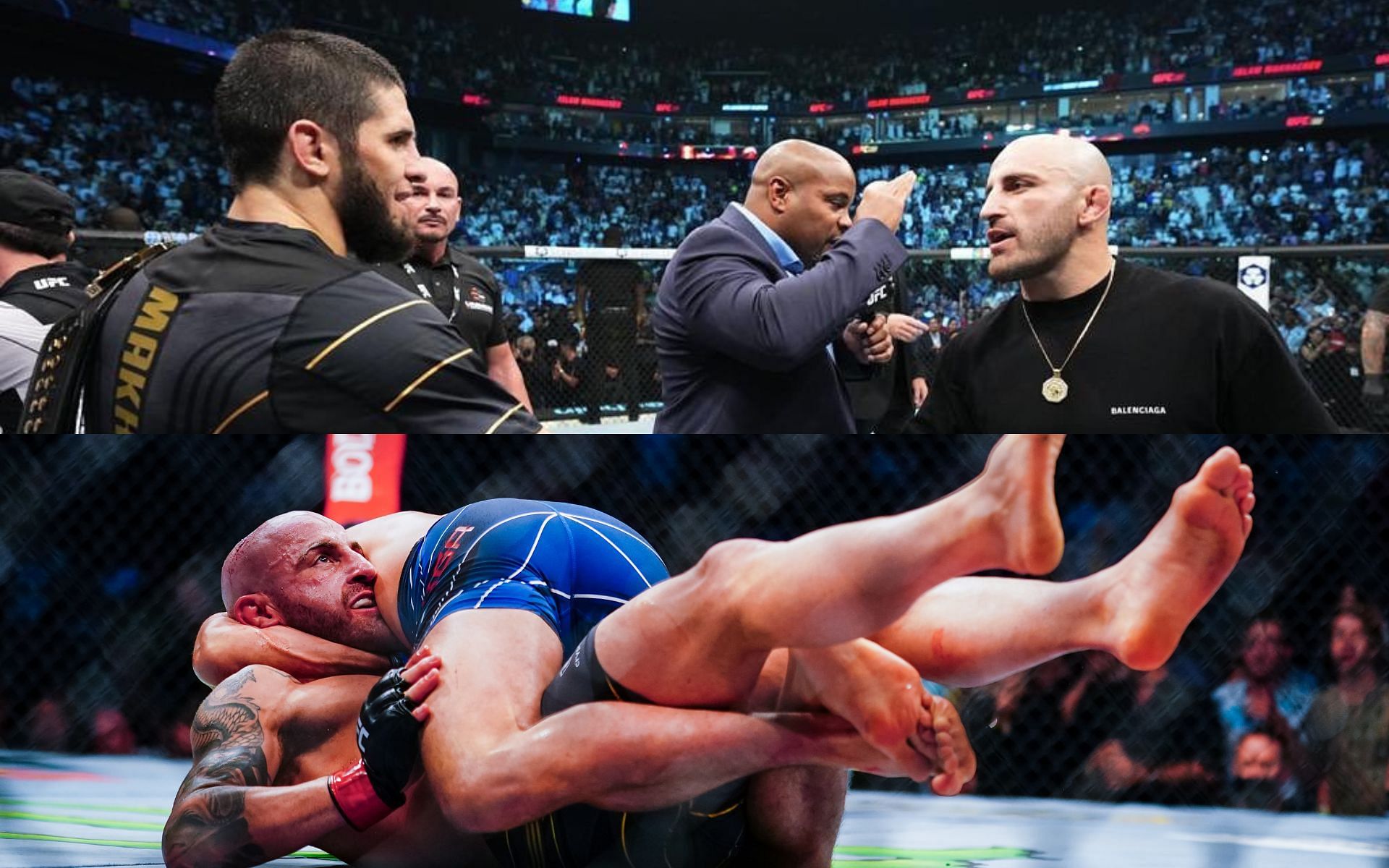 Islam Makhachev with Alexander Volkanovski (Top), Alexnader Volkanovski vs. Brian Ortega (Bottom) [Image courtesy: @alexvolkanovski on Instagram, Getty]