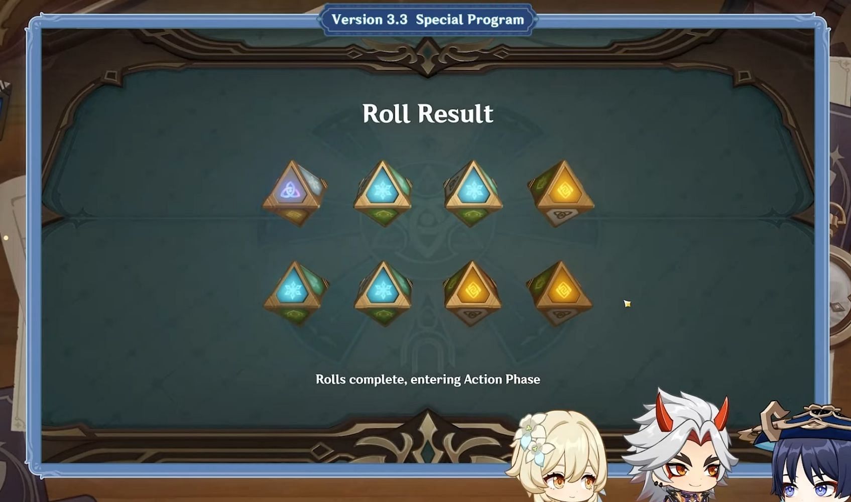 You also have to roll dice in order to obtain elements for your characters (Image via HoYoverse)